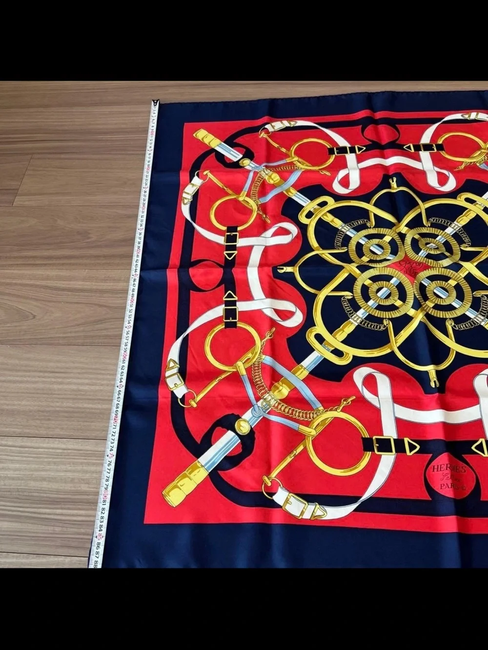 Hermes Navy Red Gold Equestrian Motif Silk Scarf